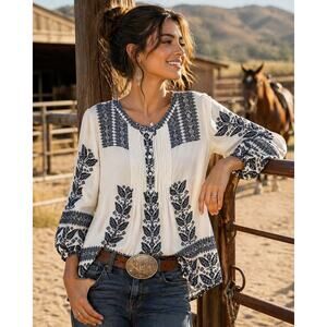 Women Pleated Tunic Top Boho Peasant Western top Pale Sky